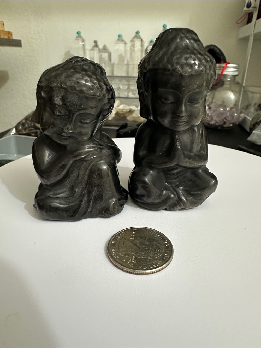 Natural Silver Sheen Obsidian "Baby Buddha" Carving Set - Decorative Home Accent